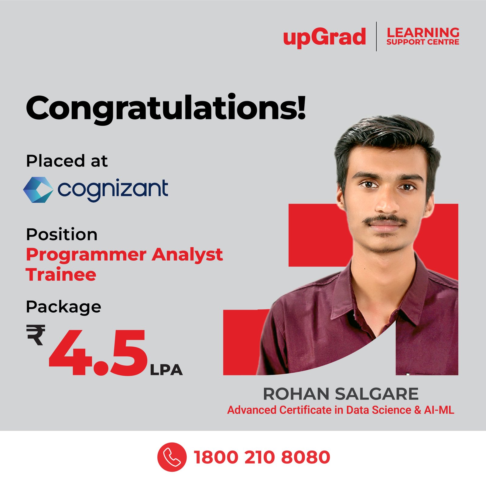 Rohan Salgare placed at Cognizant as a Programmer Analyst Trainee with a package of 4.5 LPA